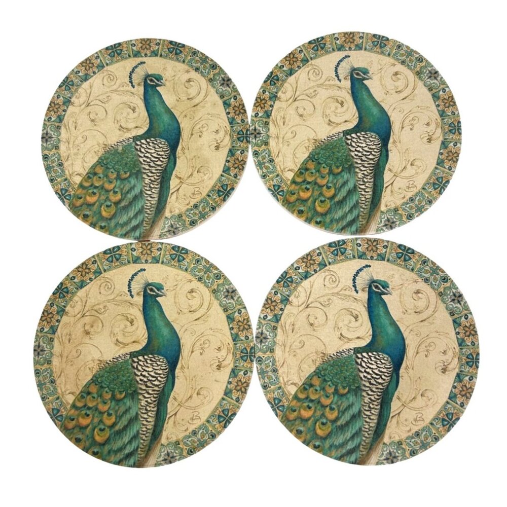 Daphne B Peacock Bird Round Coasters Teal Scrolls Bordered Elegant Pretty (4)